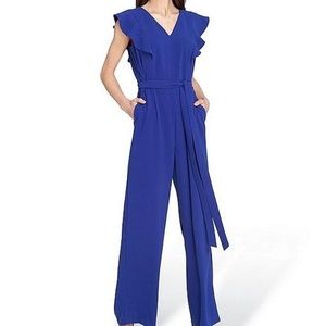 T Tahari Crepe V Neck Flutter Sleeve Jumpsuit Size 4